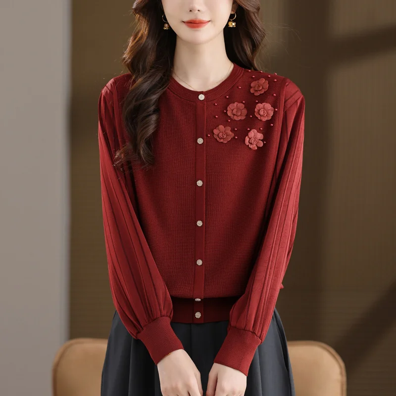 

Middle-Aged Women'S Spring And Autumn Sweater Versatile Top New Fashion Mom'S Autumn Knitted Patchwork Base Shirt