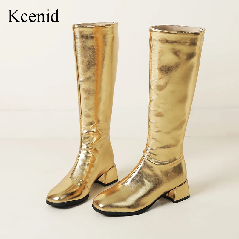 

Kcenid Shiny Silver Gold Women The Knee High Boots Chunky Heel Club Party Show Lady Shoes Zipper Square Toe Women's Winter Boots