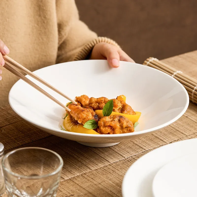 Home Dining Essential: Large Japanese-style Shallow Conical Bowl (White Ceramic Ramen Bowl, New High-End Soup Plate)