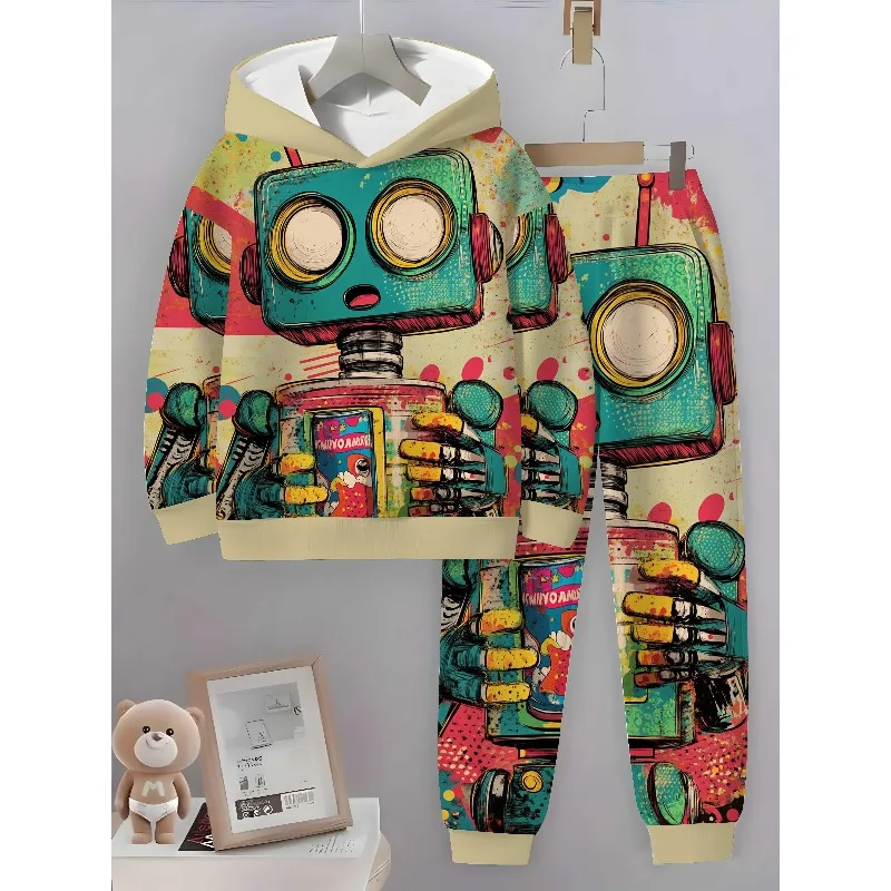 2025 Moda 3D Instrumento de guitarra digital Robot de dibujos animados Conjunto de pantalones con capucha impresos de moda