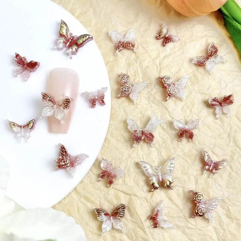 Translucent Retro Red Butterfly Nail Art Decorations Gradient Color Luminou Flowers Resin Nail Charms Accessories for DIY Nails