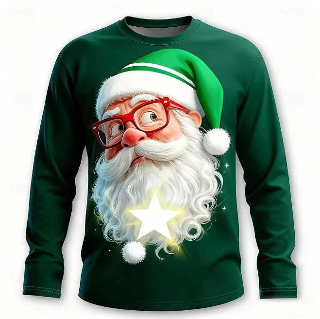 Christmas Men's Santa Claus Print Long Sleeve T-Shirts,Youth Teens Crew Neck Casual Pullover Top,Unisex Holiday Quick-Dry Tops