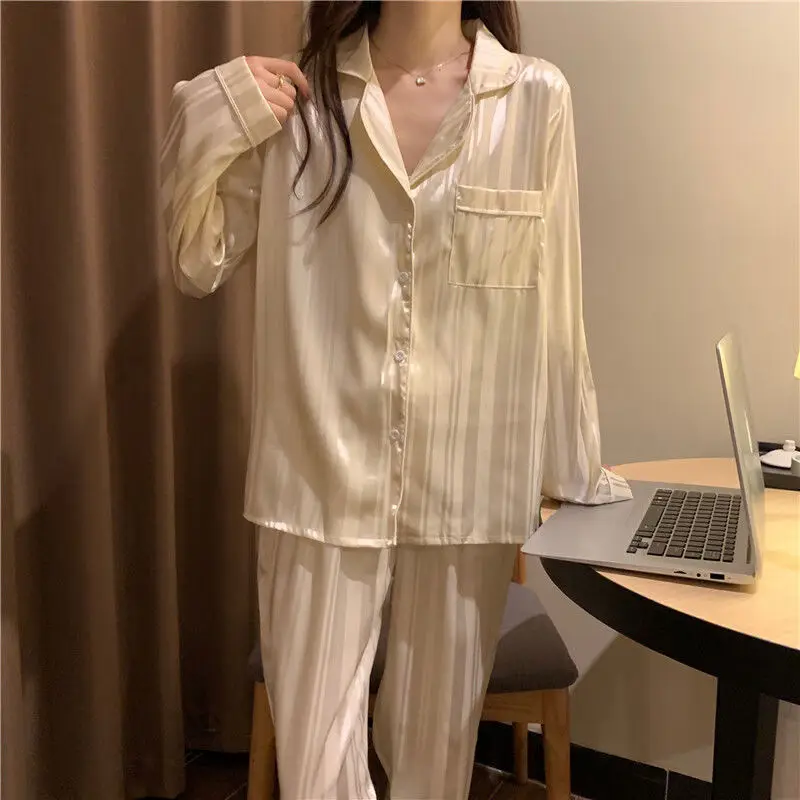 Women\'s Spring and Fall Two-Piece Set Pajamas Ice Silk Fashion Striped Simple Casual Temperament Sweet Homewear Ladies Clothes