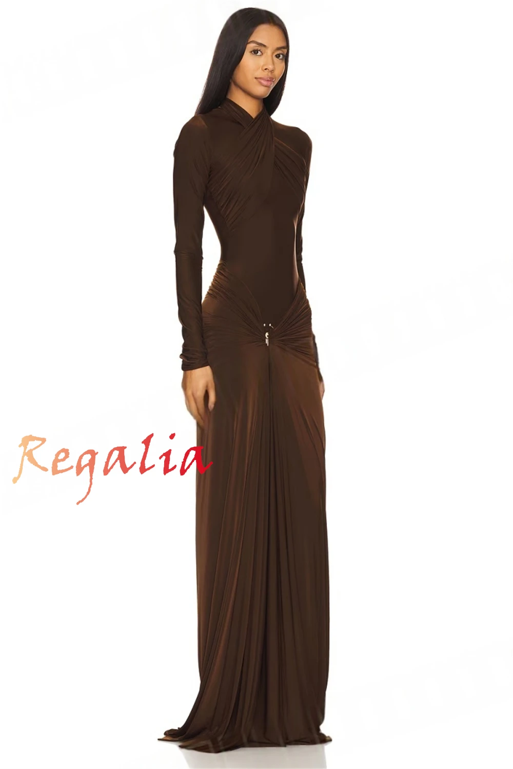 

Customized Formal Brown Jersey Evening Dress Temperament O-Neck Long Sleeves Homecoming Dresses Fashion Special Occasion Gowns