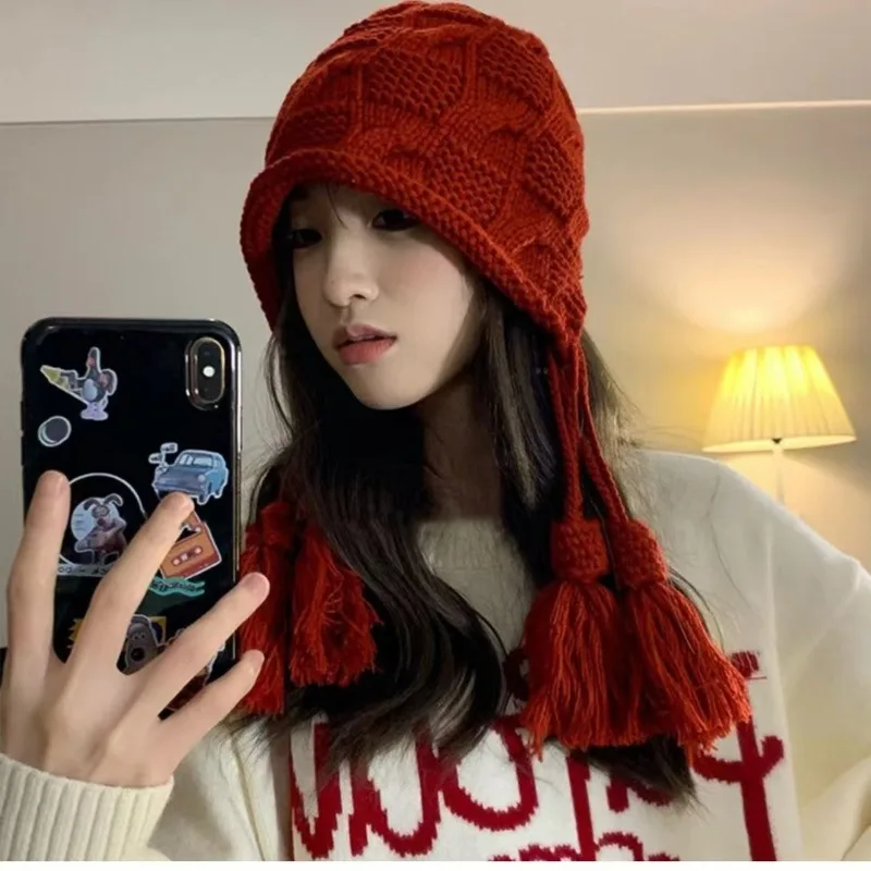 Knitted Winter Warm Beanie for Women New Year Red Pullover Hat with Fringe Handmade Ear Protection Small Face Slimming Cozy Cap