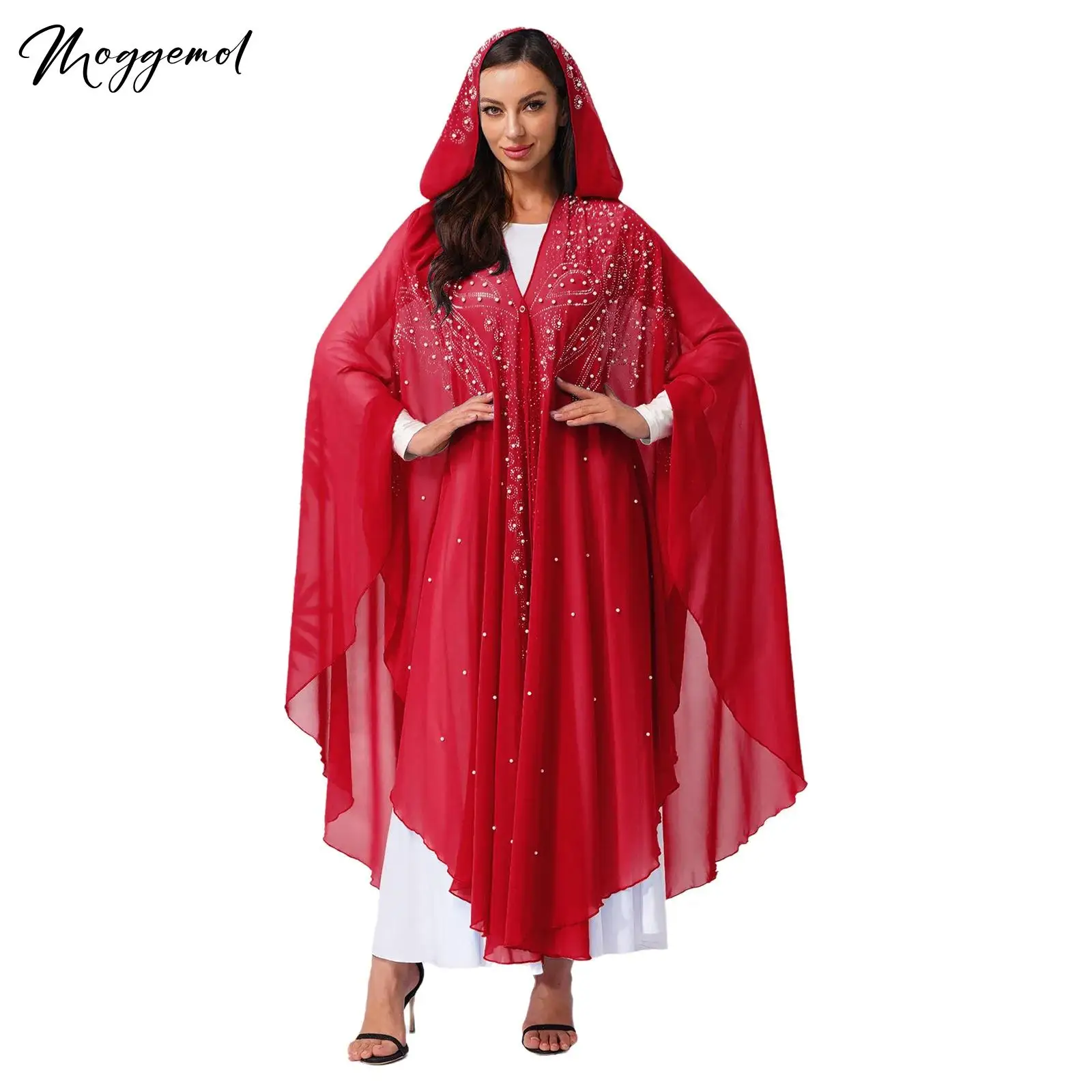 

Женский мусульманский исламский халат Абая со стразами, искусственный жемчуг, рукав «летучая мышь», открытый передний кафтан с капюшоном, шифоновый халат, костюм на Хэллоуин