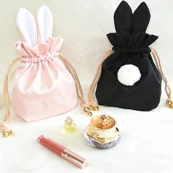 Girls Storage Bag Cute Rabbit Fur Ball Drawstring Makeup Organizer Women Portable Travel Cosmetics Bag Pouch Jewellery Container