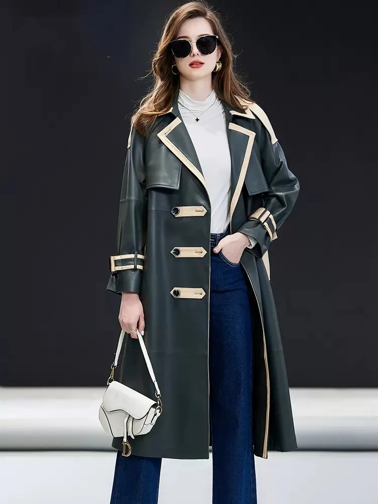 Brand Designer Women Military Long Sheepskin Genuine Leather Jacket Windbreaker Trench Coat Ladies Panelled Autumn Luxury Jacket