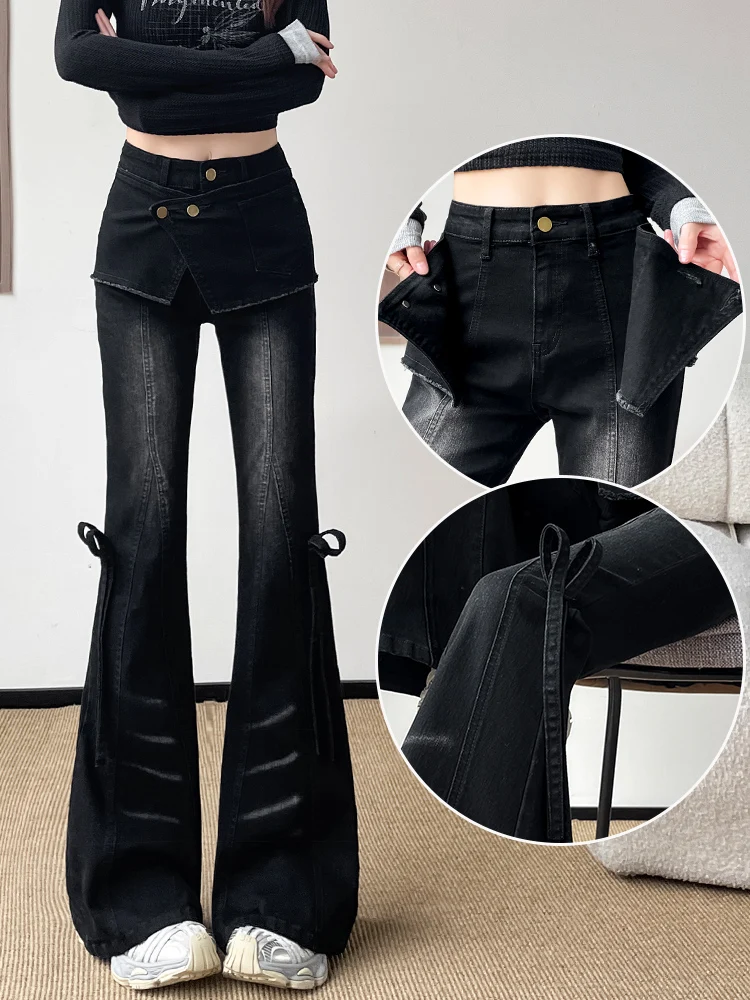 Fashionable fart curtain tight fitting micro flared jeans women in winter thickened design bow spicy girl trumpet pants