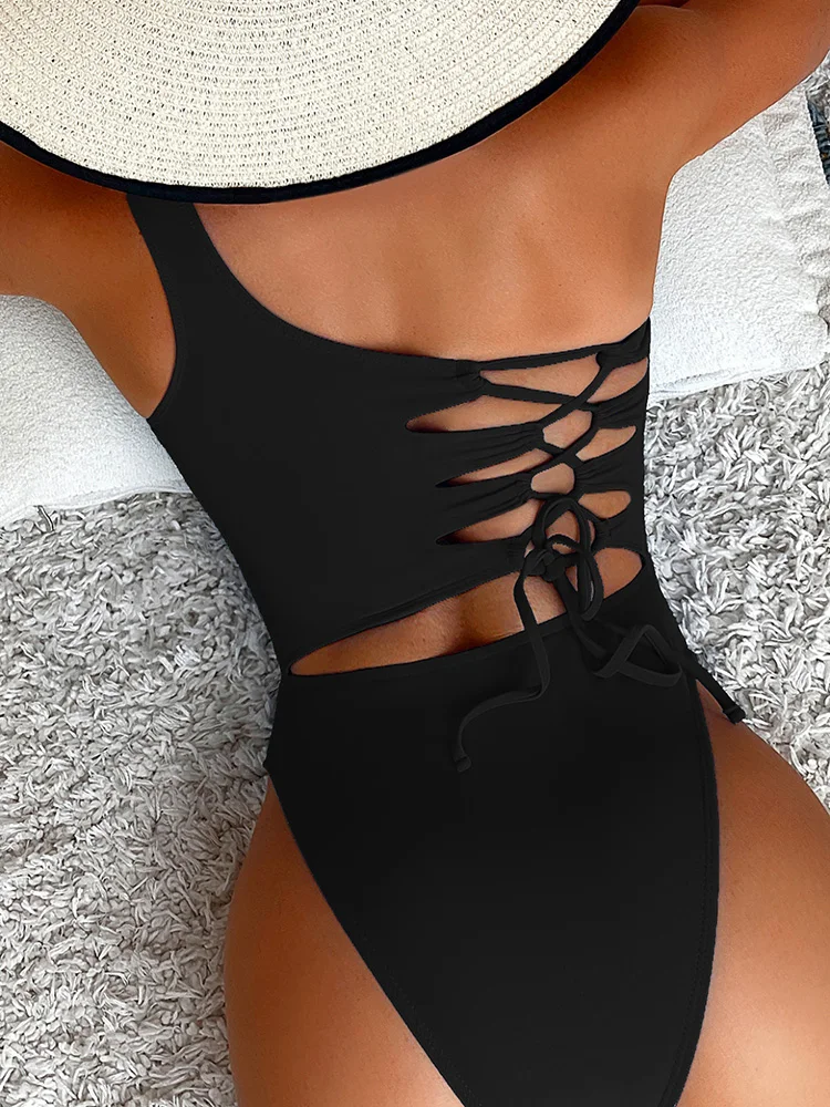 One Shoulder Summer Women One Piece Swimsuit Hollow Bandage Bather Bathing Suit Sexy Swimwear Bikinis Swim Solid Color