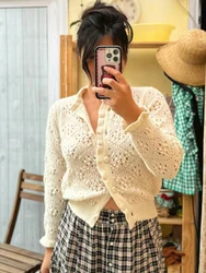 French-Inspired Cardigan Sweater Blouse Handmade Cashmere Crochet Hollow Out Flounce Hem Winter Autumn Women Ladies Sweater Top