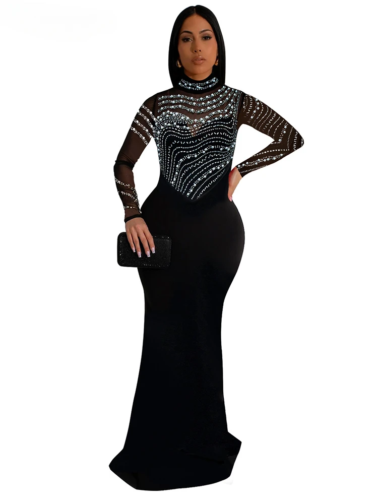 Women's Crystal Embellished High Slit Long Maxi Dress Gown Glam Long Sleeve Diamonds Party Dress Celebrities Outfits