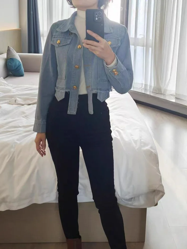 Autumn Denim Jacket Women Vintage Slim Long Sleeve Gold Buttons Single Breasted Short Coat Female Casual Jean Jacket Outerwear