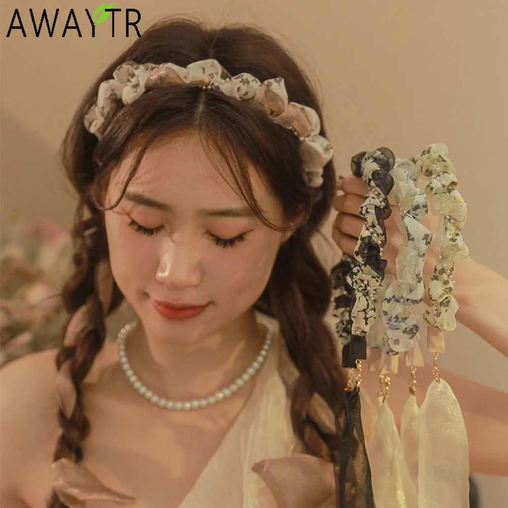 

AWAYTR Forest Pastoral Style Women's Hairband Floral Ribbon Hair Bands Mesh Hoop Braided Headband For Adult Girls Headwear