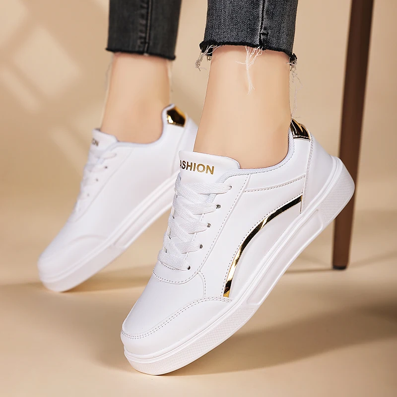 Women White Shoes Flat Female White Board Casual Shoes Lace Up PU Leather Walking Sneakers Thick Sole Outdoor Luxury Fashion image 2