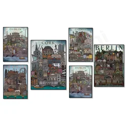 Ireland iconic cities Belfast, Cork and Galway, European cities, Berlin, London, Paris and Dublin travel poster