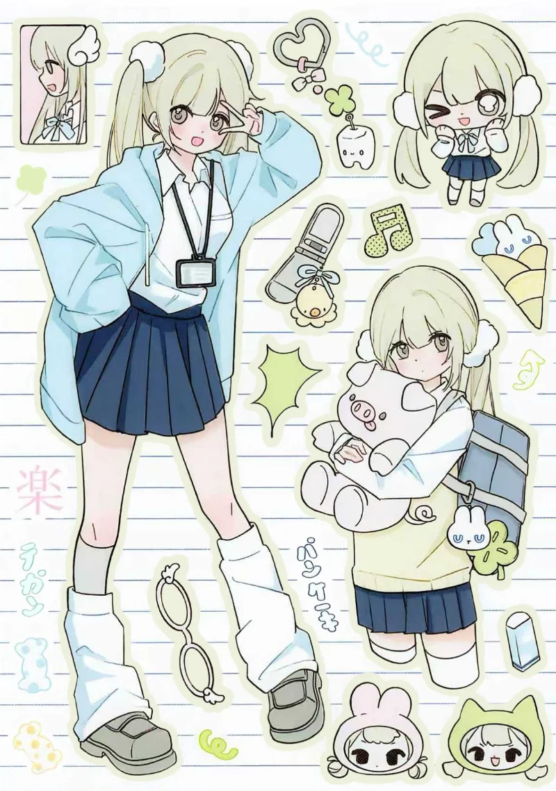 Kawaii JK Sticker Collection | Sweet School Girls & Cozy Food Moments for Journaling & Scrapbooking view 6