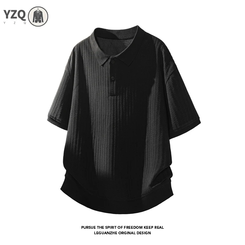 Men Partial Button Polo Collar Short Sleeve Top Vertical Jacquard Embossed Weave Relaxed Oversized For Layered Summer Outfit