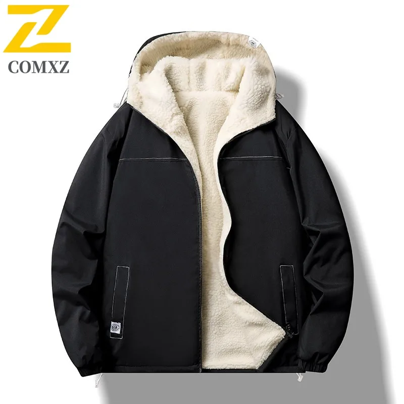 COMXZ 2025 Mens Winter Sherpa Lined Thick Hooded Cotton Jacket Loose Fit Korean Style Waterproof Streetwear Coat windbreaker
