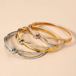 ZHIRUI Classic Light Luxury Stainless Steel Cuff Bracelet, Twisted Knot Zircon Inlaid Women's Waterproof Bangle Jewelry Gift