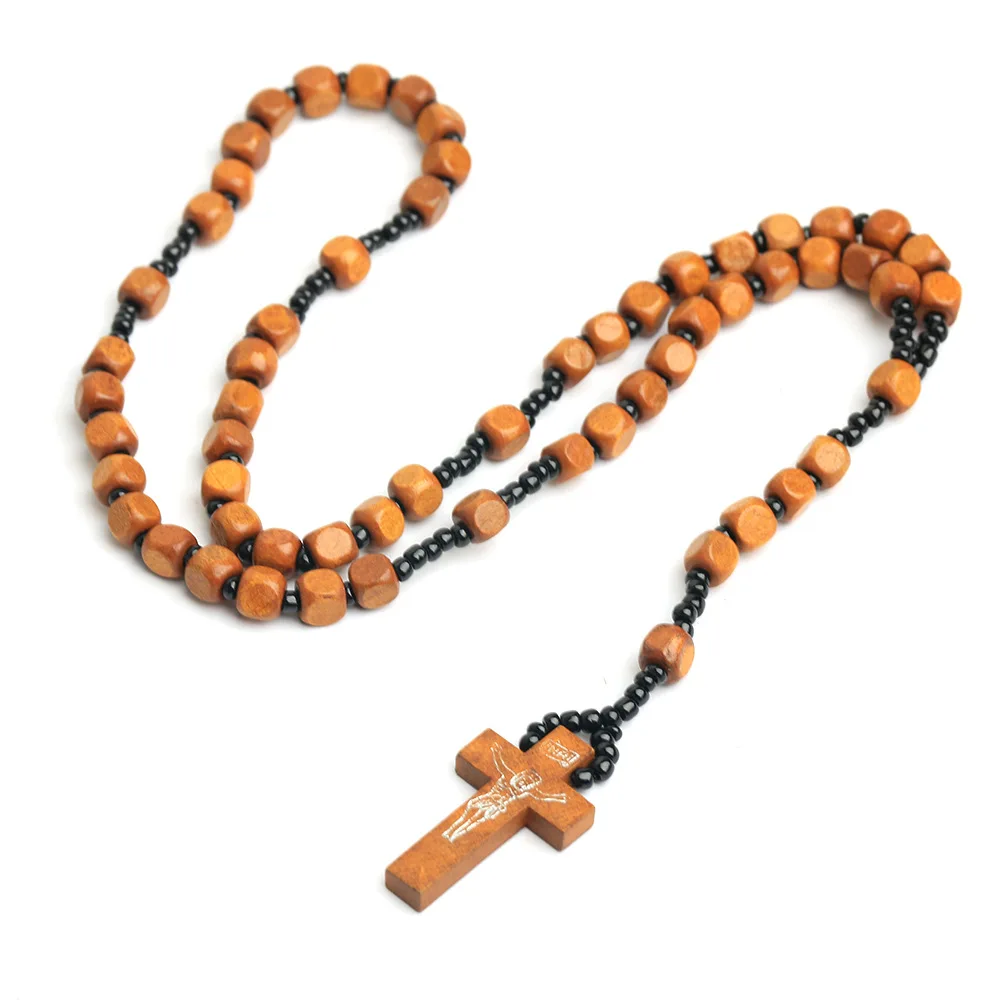 Handgefertigte, quadratische Rosenkranzkette aus Holz für Damen und Herren, katholisches Kruzifix-Kreuz-Anhänger, 8-mm-Kugelkette, Gebets- und Modeschmuck für Partys. – Detail 3