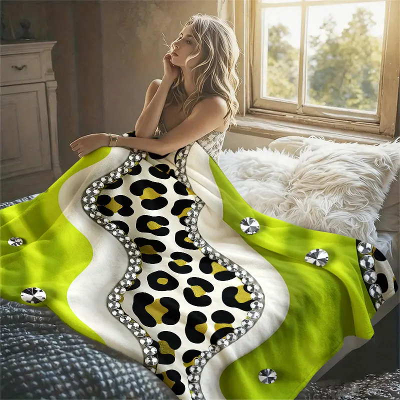 Neon Leopard Rhinestones Flannel Blanket Perfect for Sofa Office Bed Travel Sleep Read Relax Camping Four Season Use