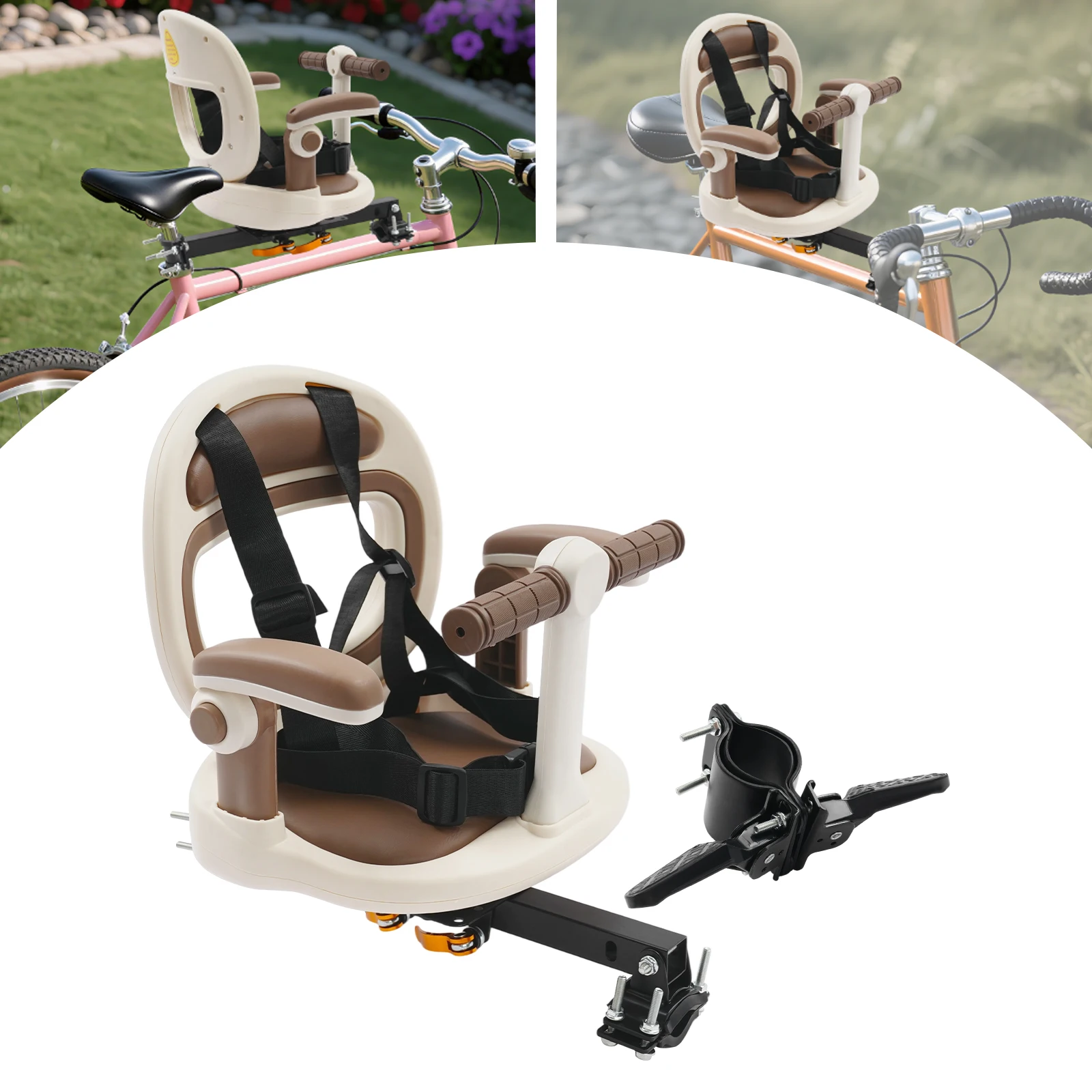 

(Beige) Child Bicycle Seat, Front Mounted Child Bike Seat with Footrest, for Most Mountain Bikes, for Child 6 Months to 8 Years