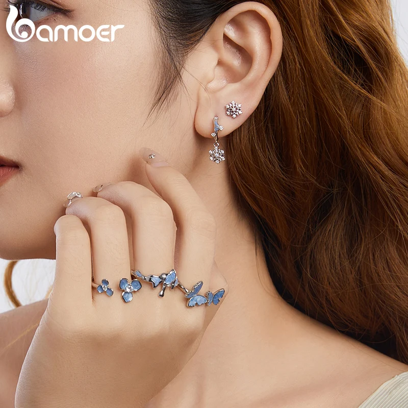 Bamoer 925 Sterling Silver Original Blue Butterfly Ring Lilac Flower Earrings for Women Jewelry Set Anniversary Engagement Gift