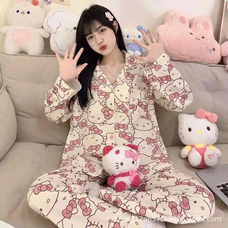 

Sanrio Girl, пижамный костюм с лацканами для отдыха, осенний кавайный костюм Hello Kitty, аниме Kuromi, сексуальные весенние длинные брюки, одежда для отдыха на улице