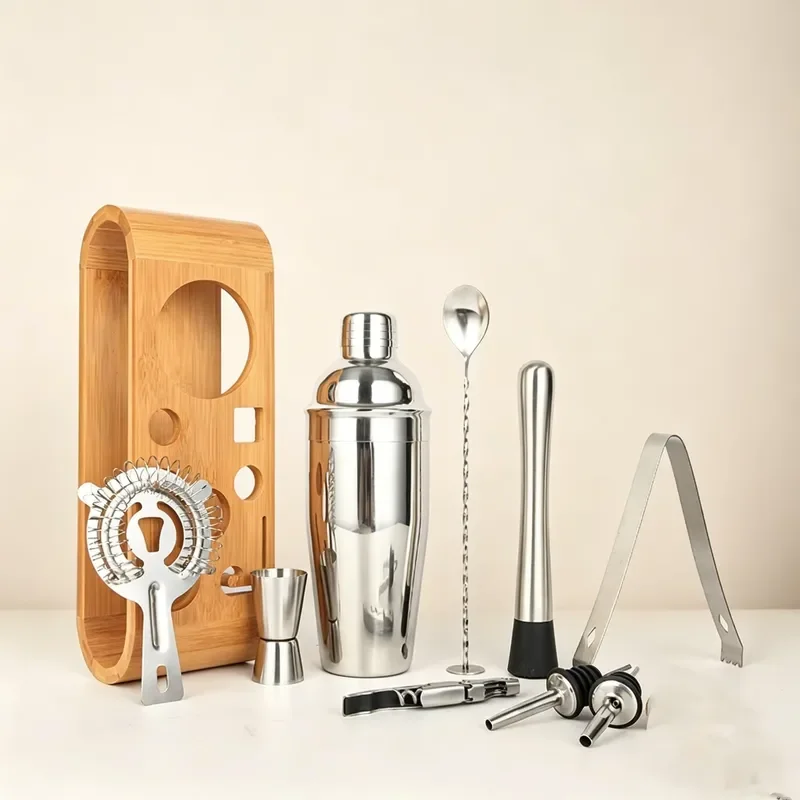 10 Piece Bartender Kit with Bamboo Stand Professional Bar Tools Set for Home Cocktail Making Martini Shaker Mixer Accessories