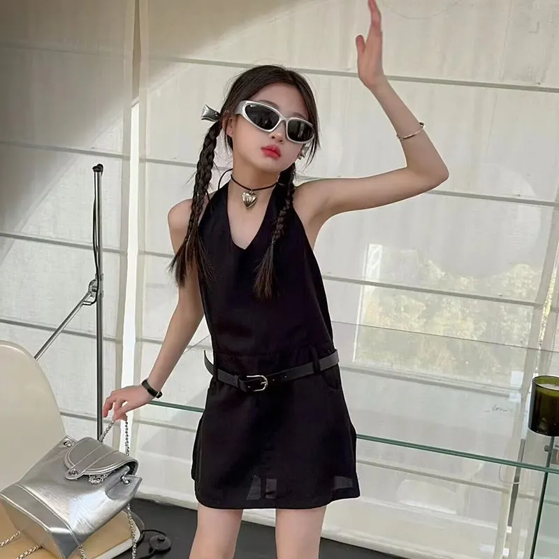 

2024 Summer Hot Teen Girls dress set Sleeveless Black belt 2pcs Kids Backless Slim A-Line Princess Party Dresses Clothes 5-14Y