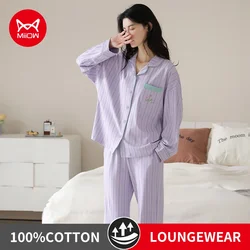 MiiOW Autumn Winter Women's Pajamas 100% Cotton Ladies Homewear Cardigan Long Sleeve Woman Elegant Purple Floral Sleepwear Suits