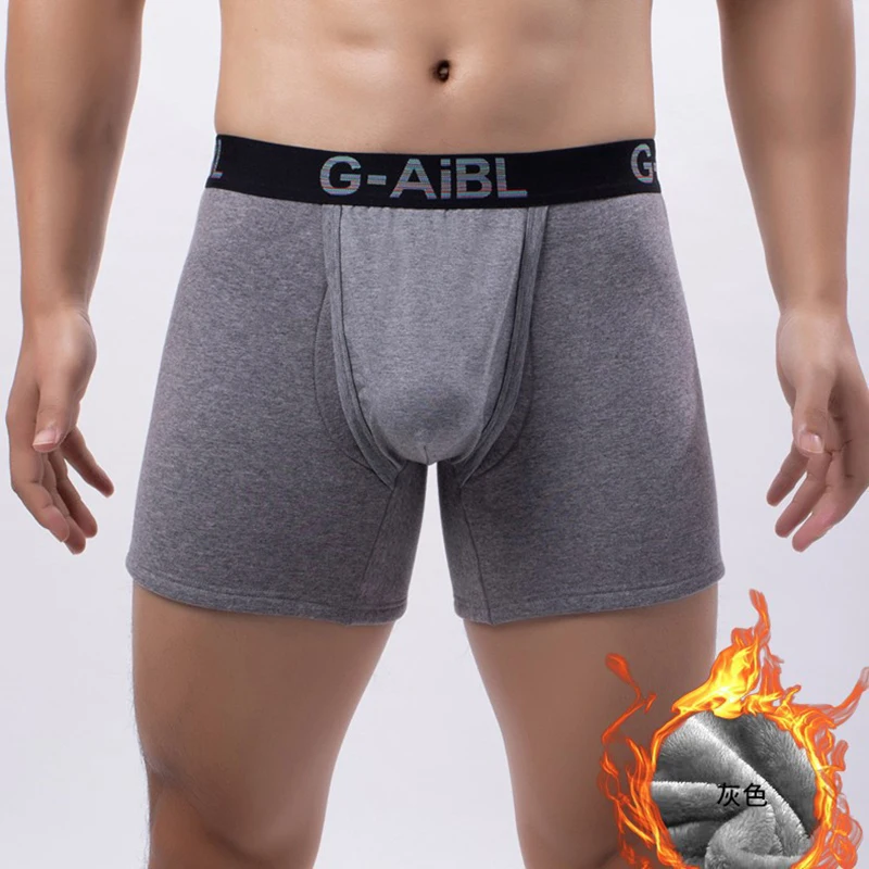 Autumn Winter Men Plush Thicken Thermal Underwear Mid Waist Large Size Big Penis Pouch Underpants Fleeced Keep Warm Boxer Shorts
