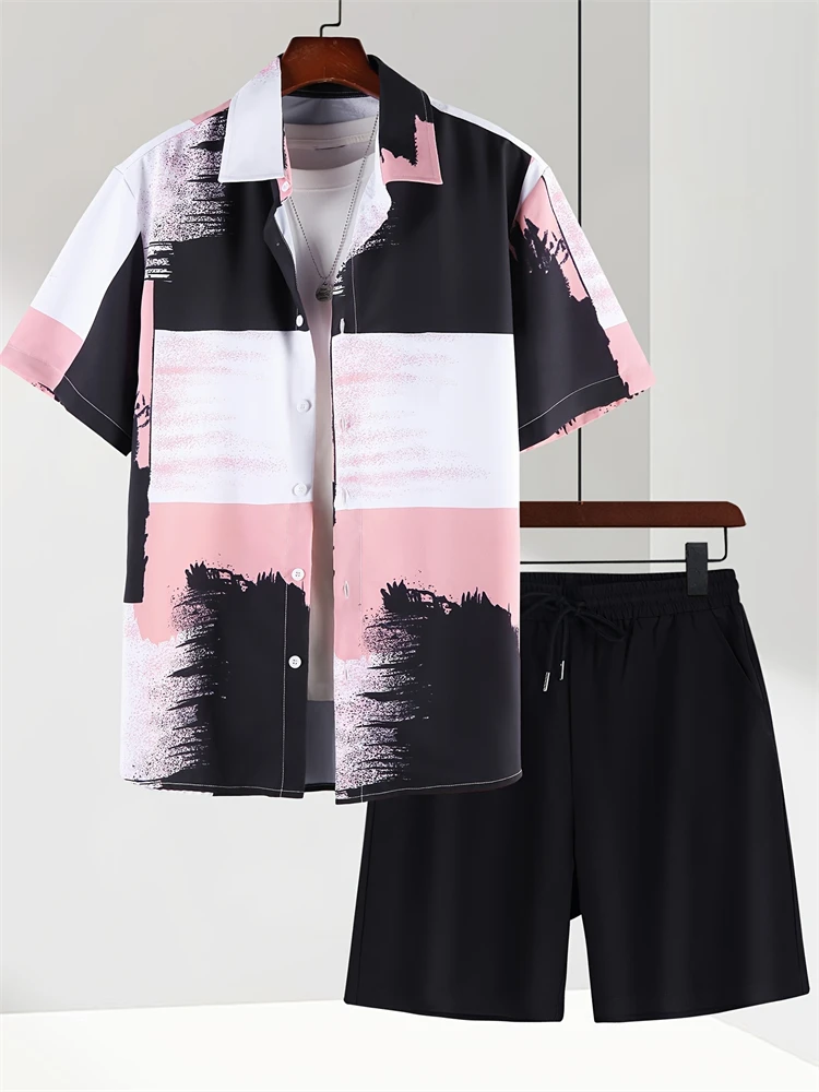 Camisa Casual de verano para hombres y pantalones cortos de playa conjunto Vintage con estampado de rayas camisa de manga corta para hombres de estilo callejero deportes cortos para hombre