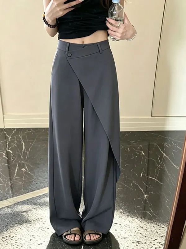 Summer 2026 High Waist Wide Leg Suit Pants Casual Patchwork Asymmetrical Design Loose Fit Ladies Fashion Casual Trousers
