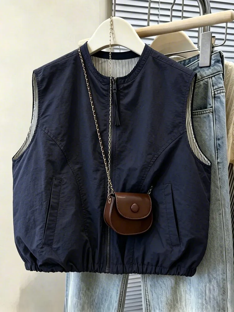 High-End Japanese Style Zipper Short Vest Warm Fashionable Youthful Outerwear Trendy Loose Fit Girls Fashion Autumn Clothes