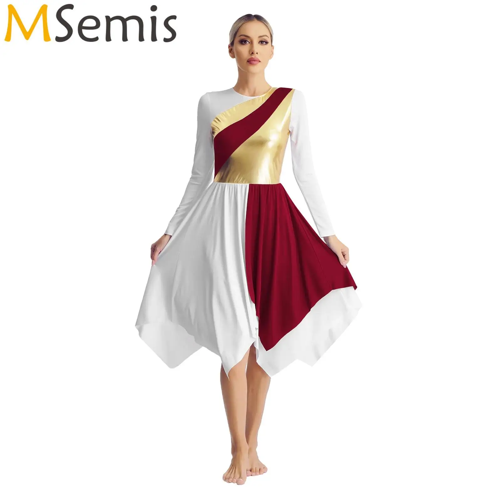 Women Metallic Color Block Liturgical Praise Dance Dress Ballet Lyrical Dancewear Asymmetrical Church Worship Overlays Dress