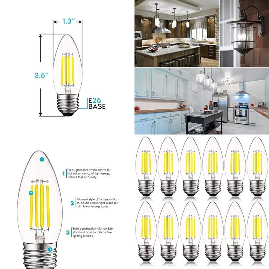 

5W Vintage E26 Candelabra LED Bulb 60W Equivalent, 550 Lumen, 5000K Bright White Dimmable, Medium Base Candelabra Bulb, Torpedo
