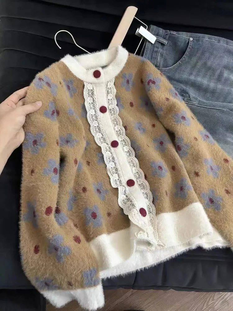 

Vintage Floral Knit Cardigan Women Sweet Lace Patchwork Button Casual Sweater Autumn Winter Harajuku Long Sleeve Retro Outwear