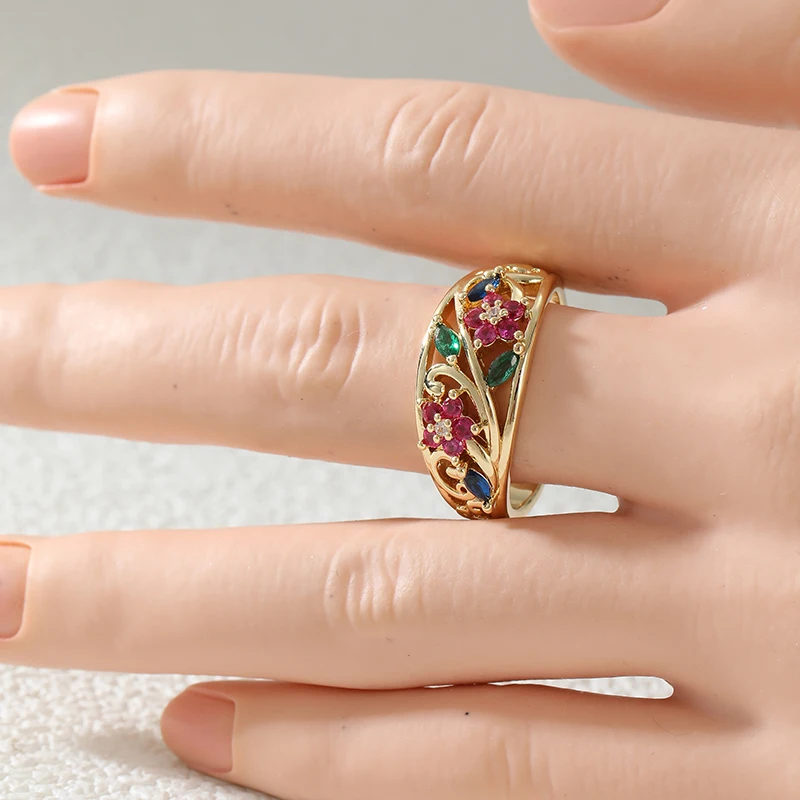 Women's Luxury Dazzle Colored Synthetic Zirconia Hollow Floral Design Fine Ring Dating Anniversary Elegant Charm Jewelry Wearing