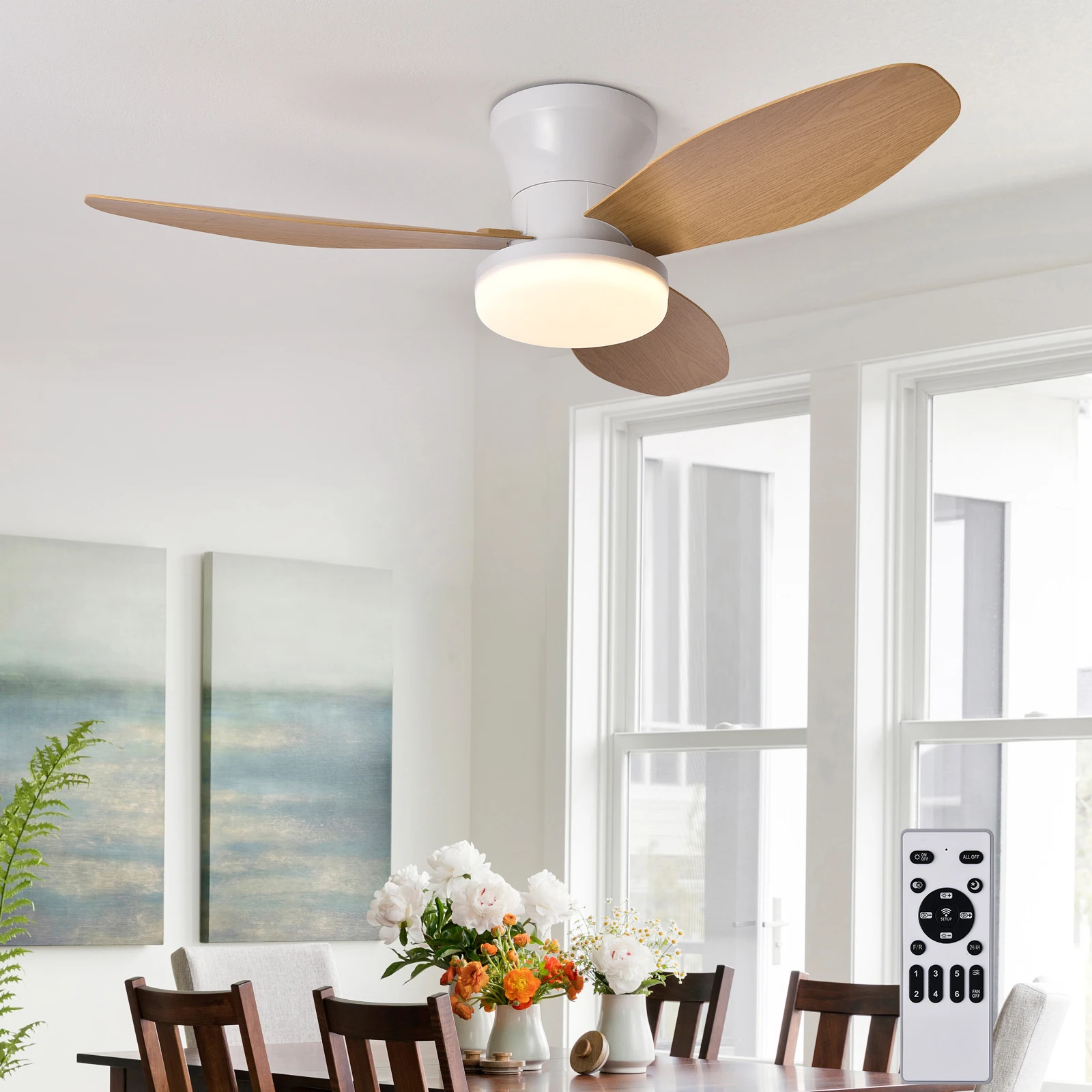 34.6'' Ceiling Fan with Light and Remote, LED Ceiling Fan with 3 Fan Blades, for Indoor Bedroom Living Room Dining Room Kitchen