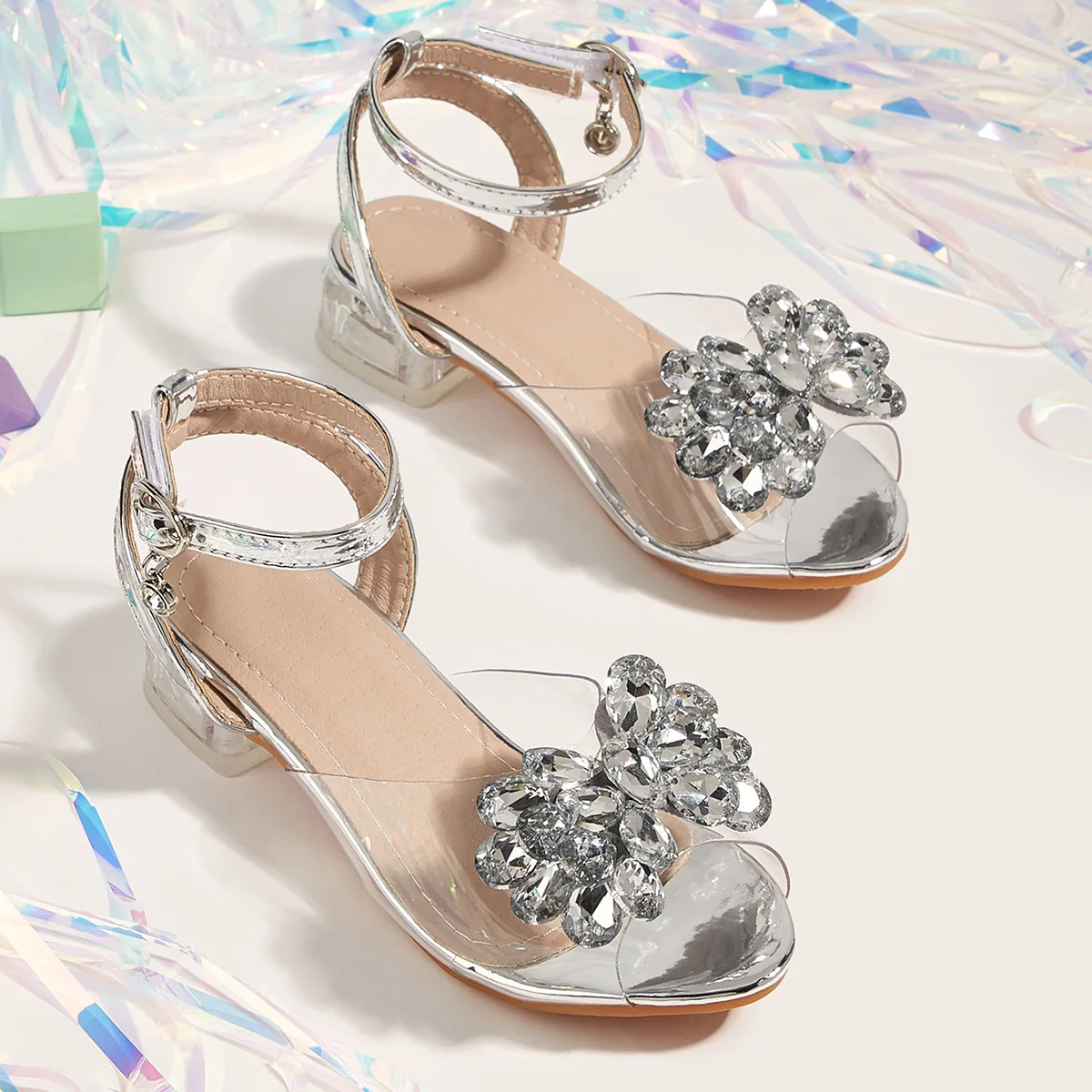 

Summer Girls Fish-mouth Sandals Children's Bow Diamond Crystal Shoes 2025 New Kids Crystal Heel Princess Wedding Dress