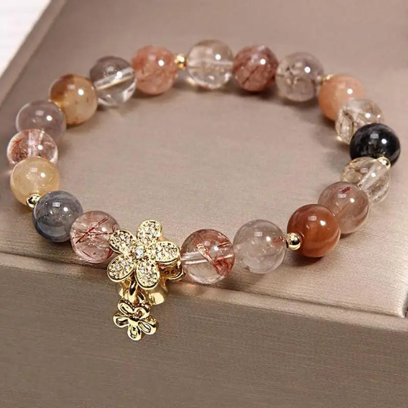 FEEHOW Fashion 5 Leaf Crystal Bracelets For Women Gold Color Beaded Pendant Bracelet Evening Party Jewelry