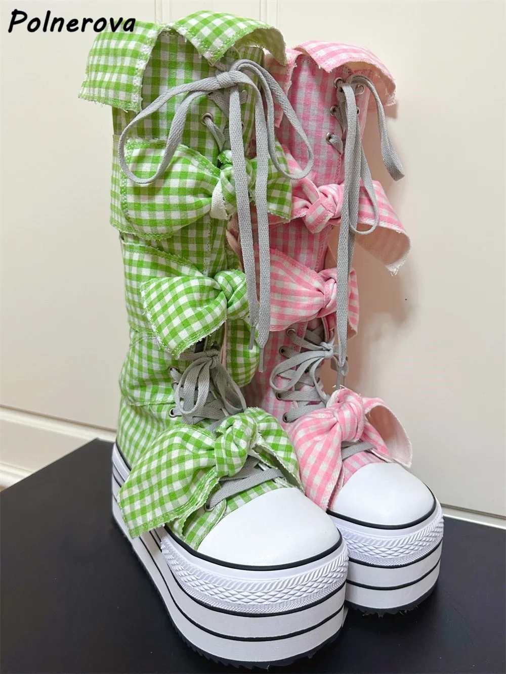 Plaid Butterfly Knot Boots Canvas Platform Cross Tied Thick Soled Lace Up Shoes Winter Fashion High Increase Knee High Boots