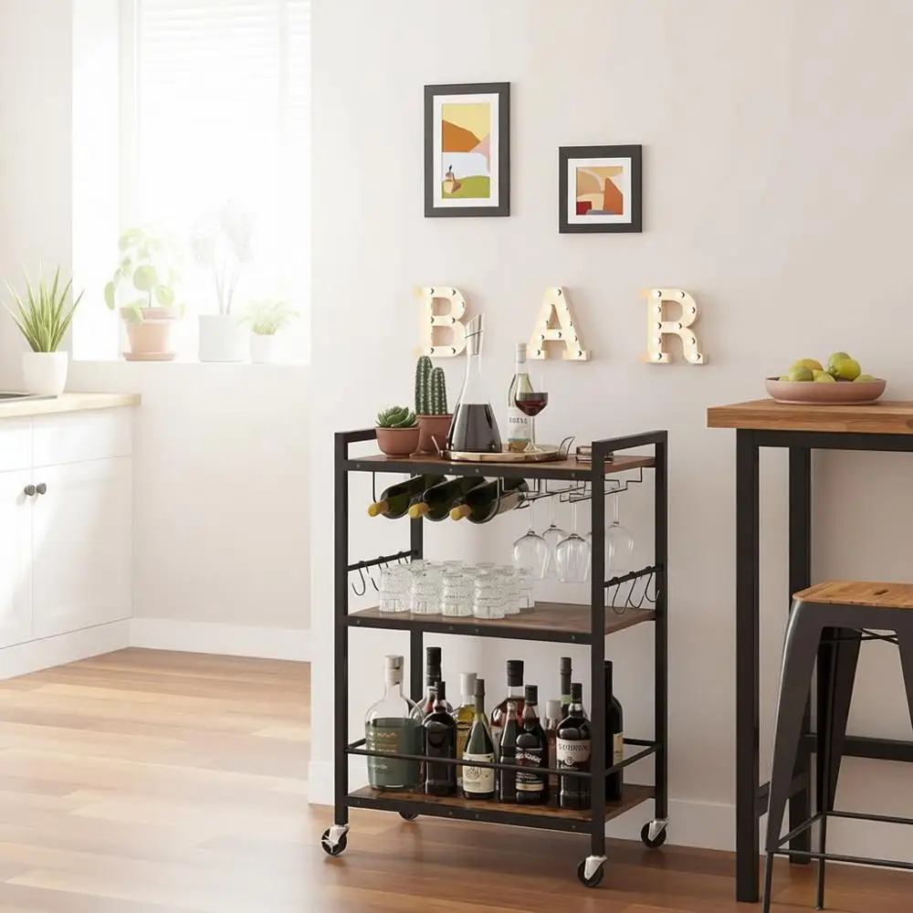 

Portable Rolling Kitchen Cart with Wine Rack and Glass Holder for Home Use