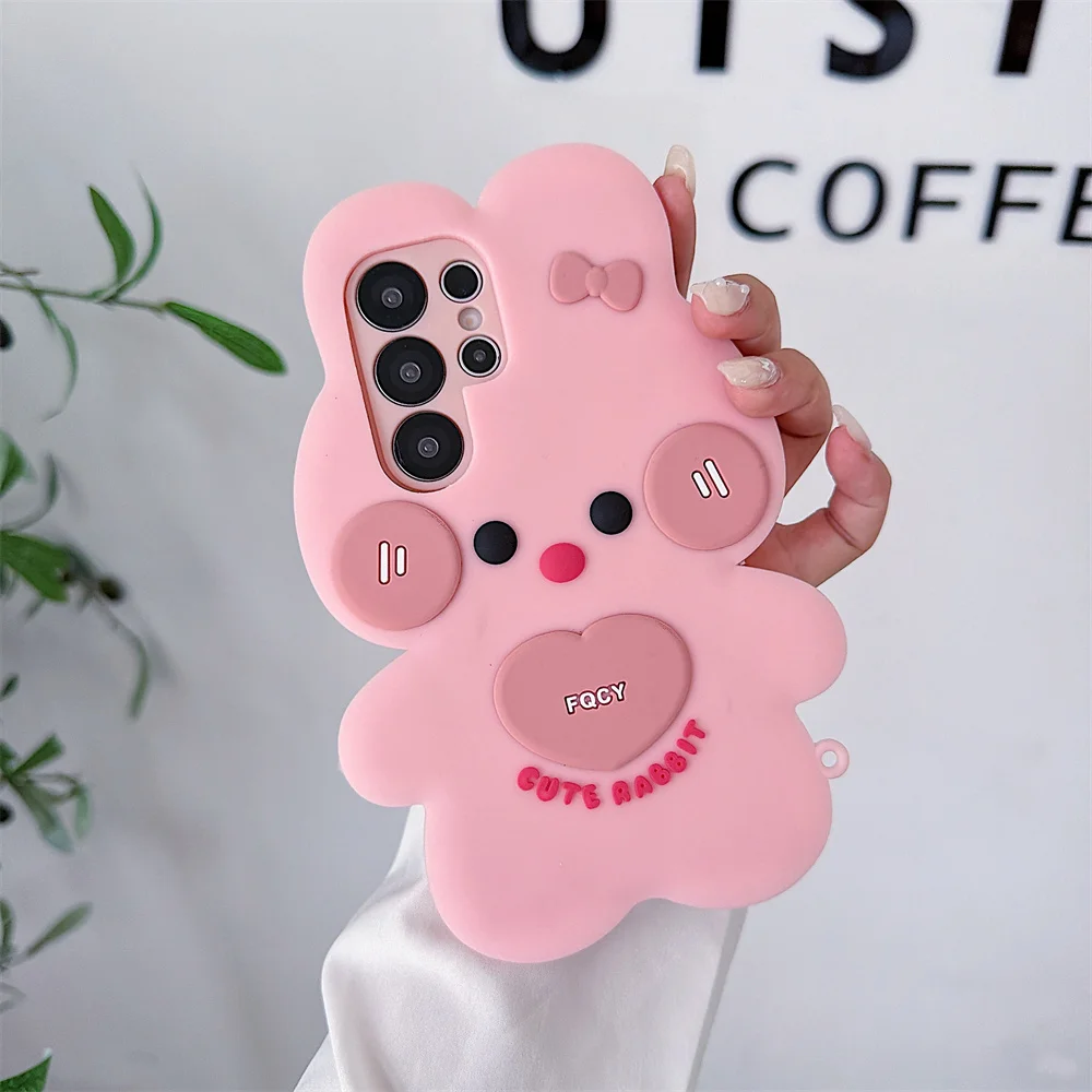 

17 Pro Max Kawaii Sweet 3D Pink Bow Bunny Phone Case for iPhone 16 15 14 13 Pro Soft Silicone Cute Rabbit Funny Protective Cover