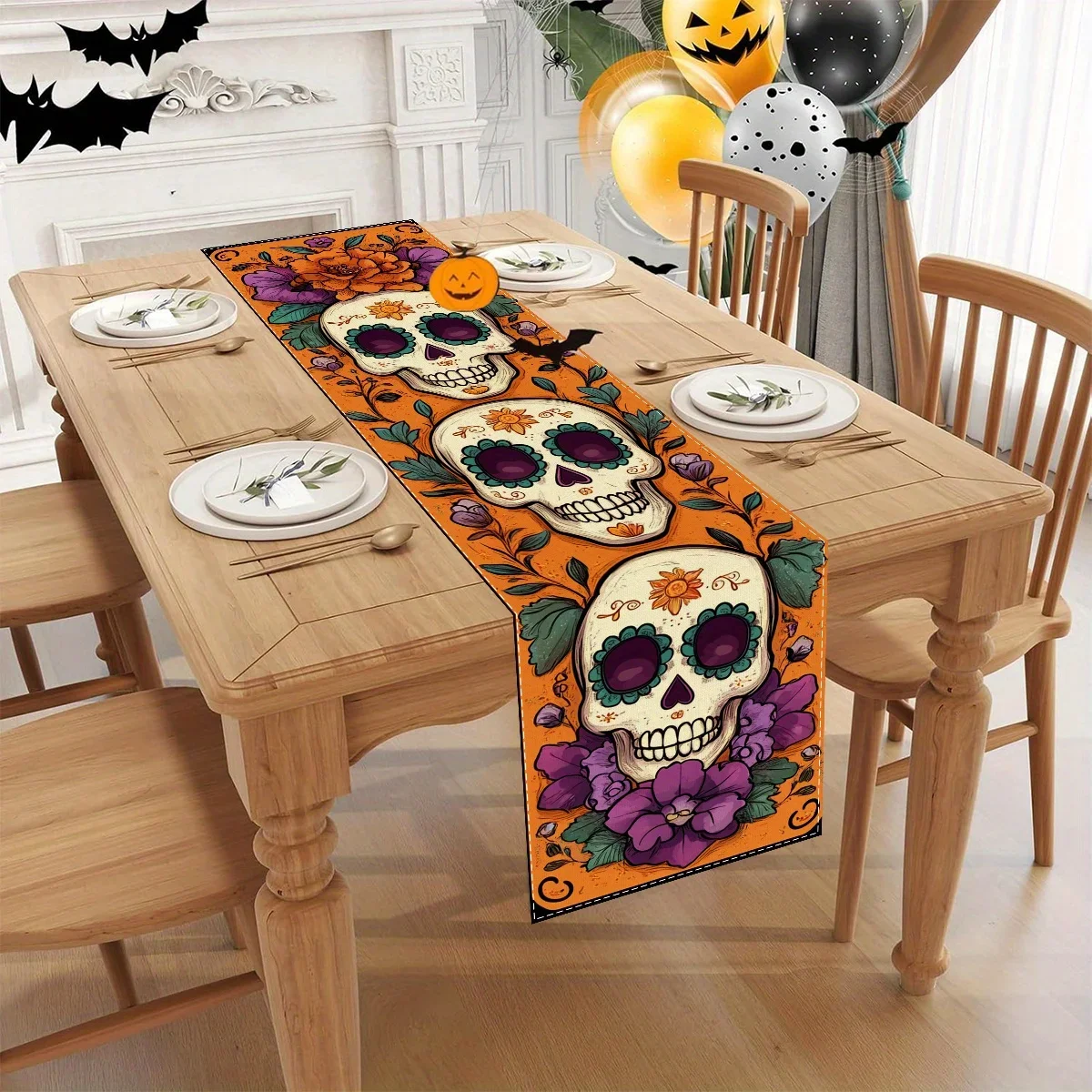 1Pc Mexican Sugar Skull Style Table Runner Orange And Purple Floral Skeleton Print Table Cover Dining Room Kitchen Desktop Home