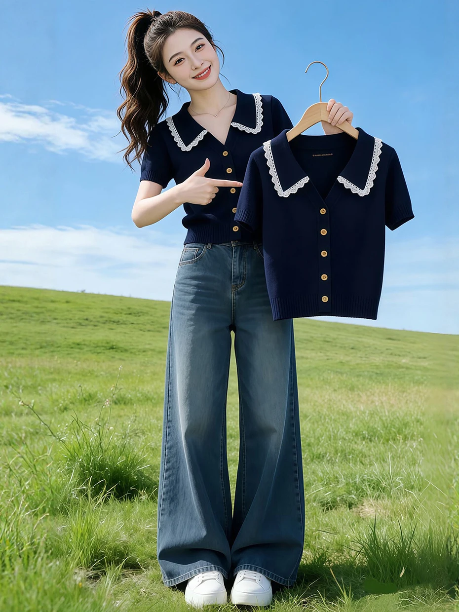 

Летняя женская трикотажная футболка в корейском стиле с короткими рукавами, темно-синий топ с кружевным воротником в студенческом стиле, дышащий топ из полиэфирного волокна