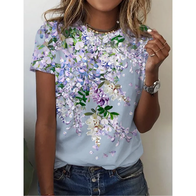

3D Printed Purple Wisteria Flower T Shirt For Women Plants Graphic Short Sleeves Summer Street O-Neck Tees Tops Loose T-Shirts