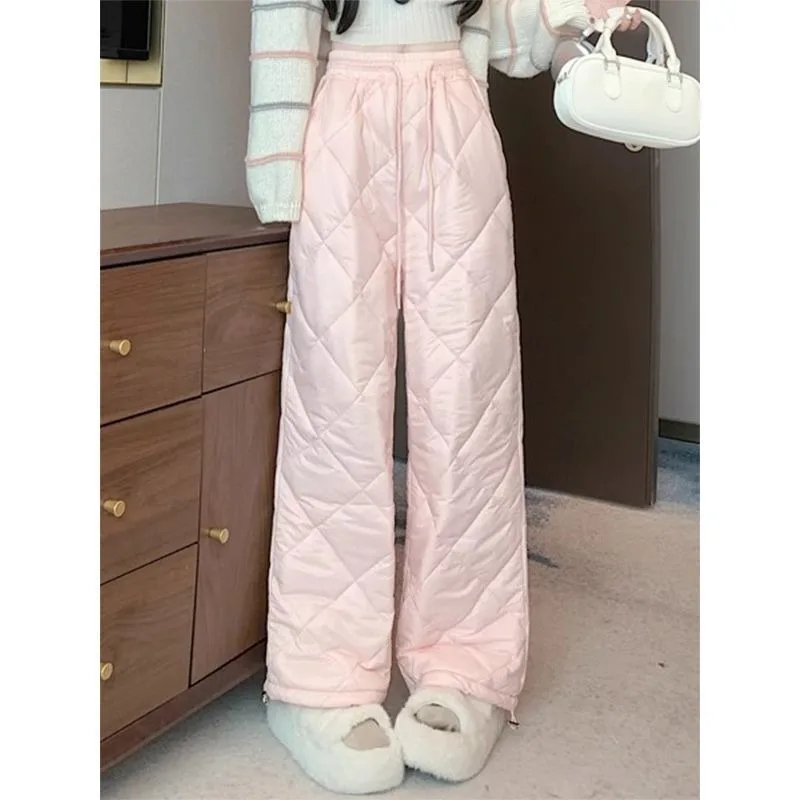 Women High Waist Quilted Warm Padded Pants Drawstring Wide Leg Straight Trousers For Autumn Winter